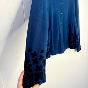 GUDRUN SJODEN Navy Blue Button Down Cardigan Sweater Floral Laganlook Size Large